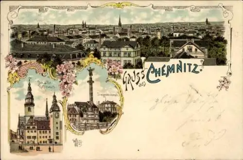 Litho Chemnitz, altes Rathaus, Siegesdenkmal, Stadt
