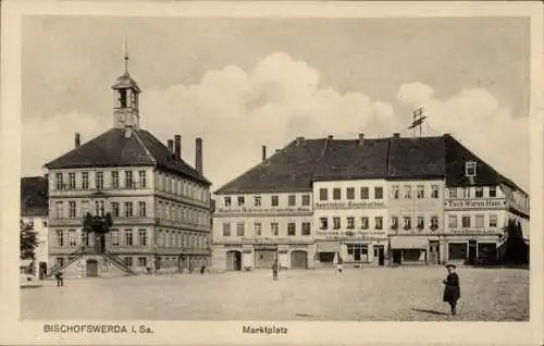 Ak Bischofswerda in Sachsen, Marktplatz, Rathaus, Modewaren Richard Meissner, Papierhandlung