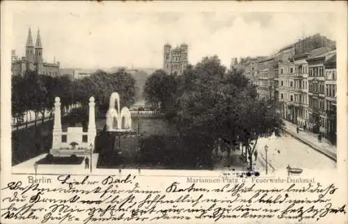 Ak Berlin Kreuzberg, Mariannen-Platz, Feuerwehr-Denkmal