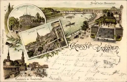Litho Dresden, Belvedere, Terrasse, Landeplatz der Dampfschiffe