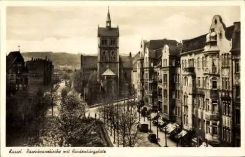 Ak Kassel in Hessen, Rosenkranzkirche mit Hindenburgplatz