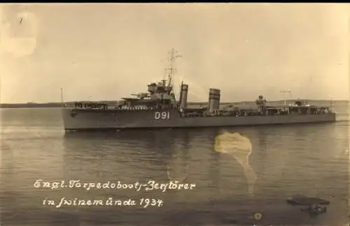 Foto Ak Britisches Kriegsschiff, Torpedoboots-Zerstörer D 91, in Swinemünde 1934