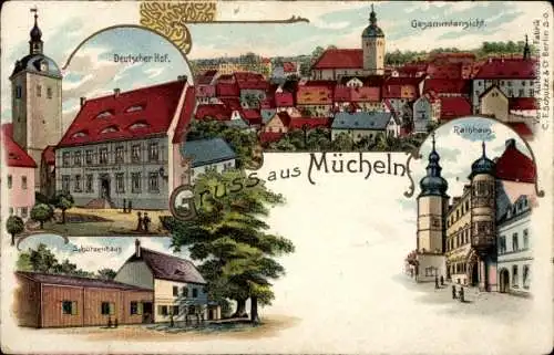 Litho Mücheln im Saalekreis, Schützenhaus, Deutscher Hof, Rathaus