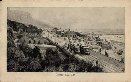 Ak Camps Bay Cape Town Kapstadt Südafrika, Schöne Küstenansicht, Zug auf Gleisen, Ferienort, Mens
