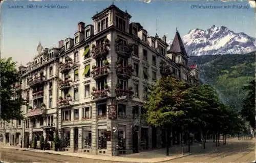 Ak Lucerne Luzern Stadt Schweiz, Hotel Schiller Garni, Pilatusstraße, Berge, Bäume