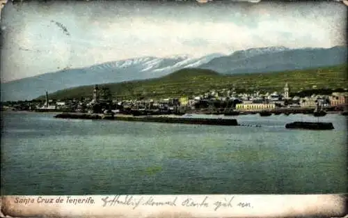 Ak Santa Cruz de Tenerife Teneriffa Kanarische Inseln Spanien, Stadtansicht, Hafen, Berge im Hint