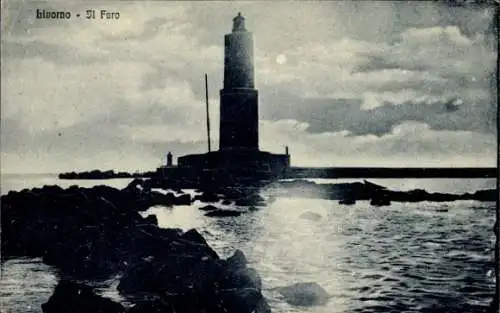 Ak Livorno Toscana, Leuchtturm, Wasser, Felsen, Wolken, Abenddämmerung