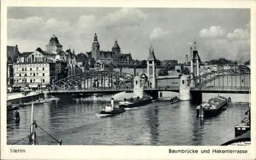 Ak Szczecin Stettin Pommern, Baumbrücke, Hakenterrasse, Stadtansicht, Fluss, Schiffe