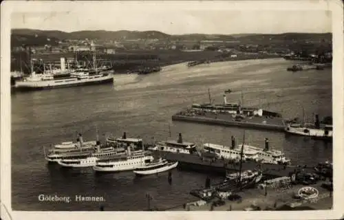 Ak Göteborg Schweden, Schweden, Hafen von  Dampfer und Schiffe, schöne Landschaft
