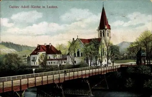 Ak Leoben Steiermark, Gustav Adolf-Kirche, Brücke, Frühling, Bäume