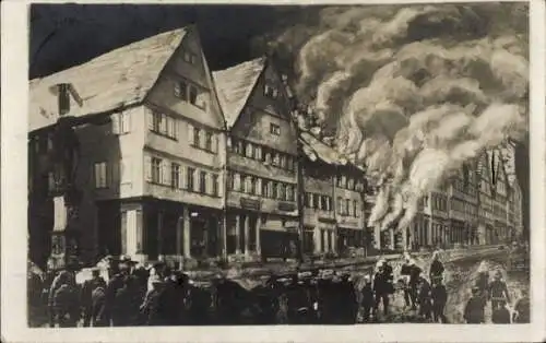 Ak Strasbourg Straßburg Elsass Bas Rhin, Stadtansicht, Rauchverhangene Gebäude, Menschenmenge,  A