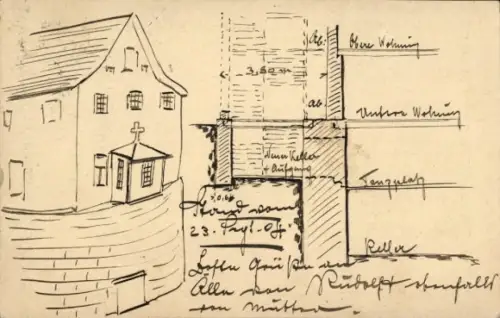 Handgemalt Ak Blunzendorf Znaim, Bludenz, Querschnit eines Gebäudes, Kapelle