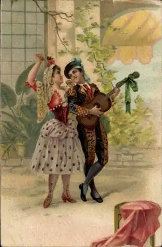 Litho Paar in spanischer Tracht, Flamenco, Gitarre, Castagnetten