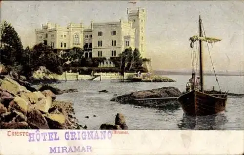 Ak Triest Trieste Friuli Venezia Giulia, Hotel Grignano, Schloss, Meer, Boot,  