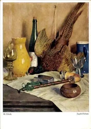 Künstler Ak Glade, H., Jagdstillleben, Auerhuhn, Pfeife, Flasche, Weinglas