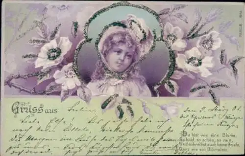 Glitzer Litho Mädchen-Porträt, Blumen