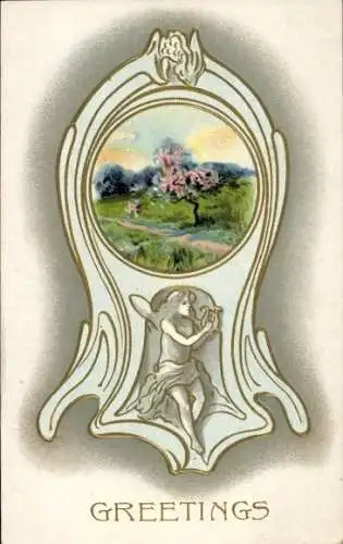 Präge Ak Engel mit Harfe, Blühender Baum