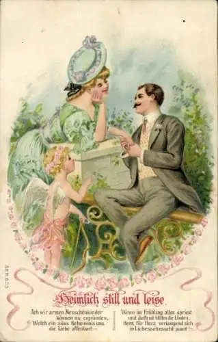 Präge Ak Liebespaar, Amor, Heimlich still und leise