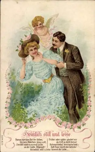 Präge Ak Heimlich still und leise, Amor, Liebespaar