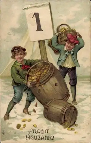 Präge Ak Glückwunsch Neujahr, Kinder, Geld, Münzen, Fass