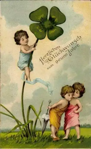 Präge Ak Glückwunsch Neujahr, Kleeblatt, Kinder