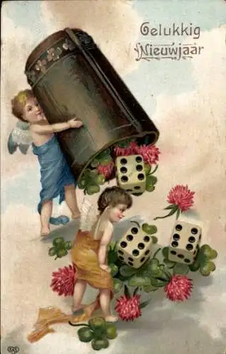 Präge Ak Glückwunsch Neujahr, Kleeblatt, Spielwürfel