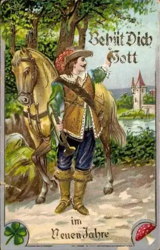 Glitzer Präge Ak Glückwunsch Neujahr, Trompeter