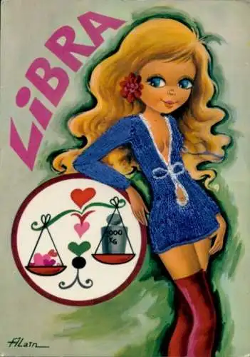 Seidenstick Künstler Ak Mädchen-Porträt, Waage, Liebe, Herzen, Kitsch