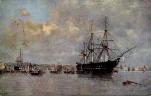 Künstler Ak Segelschiffe im Hafen