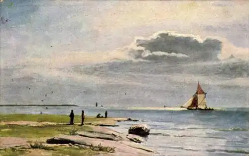 Künstler Ak See, Segelboot, Menschen am Ufer