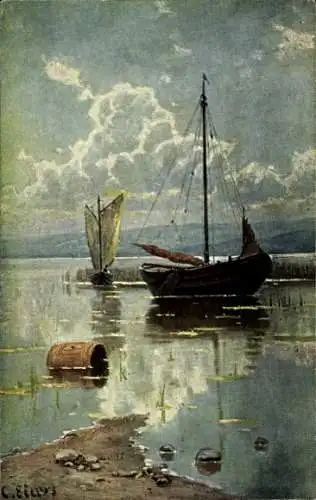 Künstler Ak Boote auf dem Wasser am Ufer eines Sees