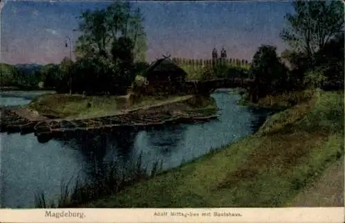 Ak Magdeburg an der Elbe, Magdeburg. Adolf Mittag-See mit Bootshaus.