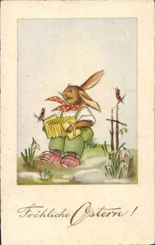 Ak Annaberg Buchholz Erzgebirge, Pöhlberg, Osterhase mit rotem Halstuch und Ziehharmonika sitz...