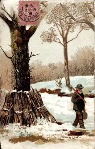 Ak La Chartre sur Loir Sarthe, Mann mit Axt geht an einem Baumstamm vorbei, im Hintergrund kah...