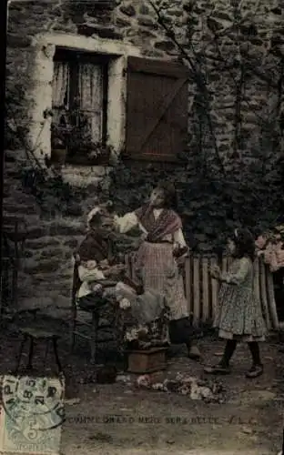 Ak Frankreich, Kinder schmücken Großmutter mit Blumen