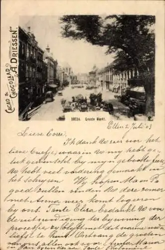 Ak Breda Nordbrabant Niederlande, CACAO ADRIESSEN BREDA Groote Markt. Etten 2 Juli 03
