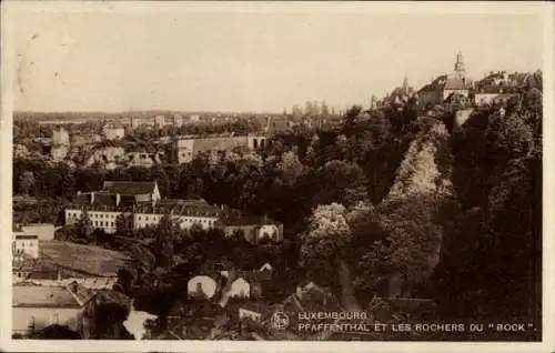Ak Pfaffenthal Luxemburg, Panoramablick auf Pfaffenthal, Bock-Felsen, historische Gebäude