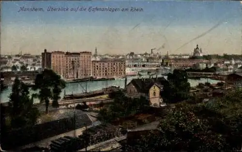 Ak Mannheim in Baden, Blick auf Hafenanlagen, Rhein, Stadtansicht, historische Postkarte