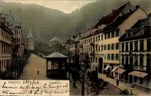 Ak Triberg im Schwarzwald, Marktplatz, historische Gebäude, Landschaft, Kiosk, Bäume