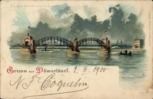 Litho Düsseldorf am Rhein, neue Rheinbrücke