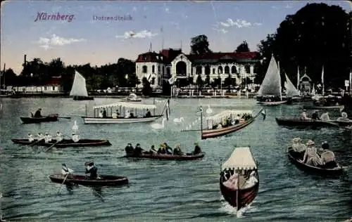 Ak Dutzendteich Nürnberg in Mittelfranken Bayern,  Dutzendteich, Boote auf dem Wasser, Segelbo...