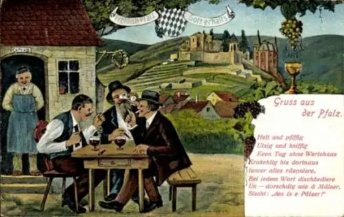 Ak Maikammer an der Weinstraße Pfalz, Vorderseite: Weintrinker, Pfälzer Dorf, Festung im Hinte...