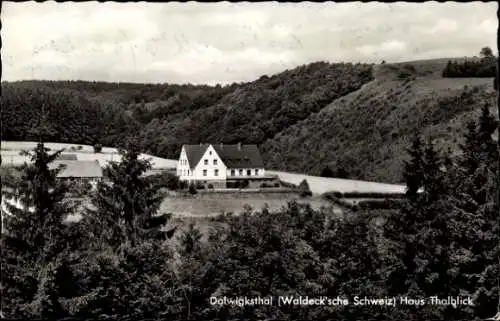 Ak Dalwigksthal Lichtenfels Hessen, Haus Thalblick, Waldlandschaft, historisches Gebäude