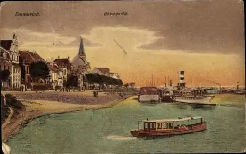 Ak Emmerich am Niederrhein, Führung durch  Rheinufer, Stadtansicht, Boote auf dem Wasser