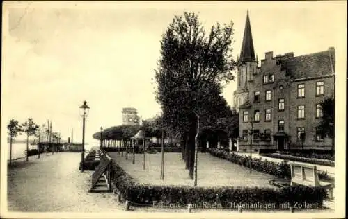 Ak Hoch Elten Emmerich am Rhein, Hafenanlagen mit Zollamt, Park, Bäume, Gebäude, Laternen