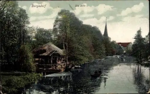 Ak Hamburg Bergedorf, Fischerboote, Fluss Bille, historische Gebäude, grüne Ufer