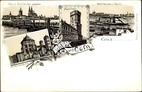 Ak Bayenthal Köln am Rhein, Blick auf  St. Gereon Kirche, Schiffbrücke, Bayenthurm, Postkarte