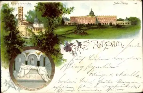 Ak Potsdam Sanssouci, Friedenskirche, Mausoleum Kaiser Friedrich, parkähnliche Landschaft, Statue