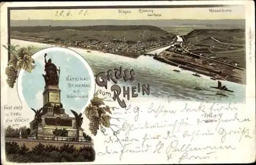 Ak Bingen am Rhein, NATIONALDENKMAL, Mäusethurm, Rheinlandschaft, Weintrauben