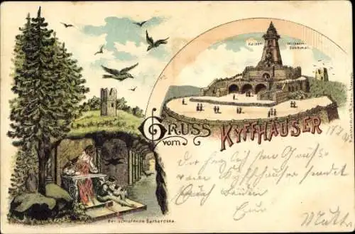 Litho Steinthaleben Kyffhäuserland in Thüringen, Kyffhäuser, Kaiser Wilhelm Denkmal, Barbarossa